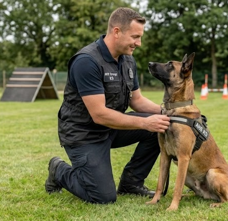 Professional security dog and handler on duty